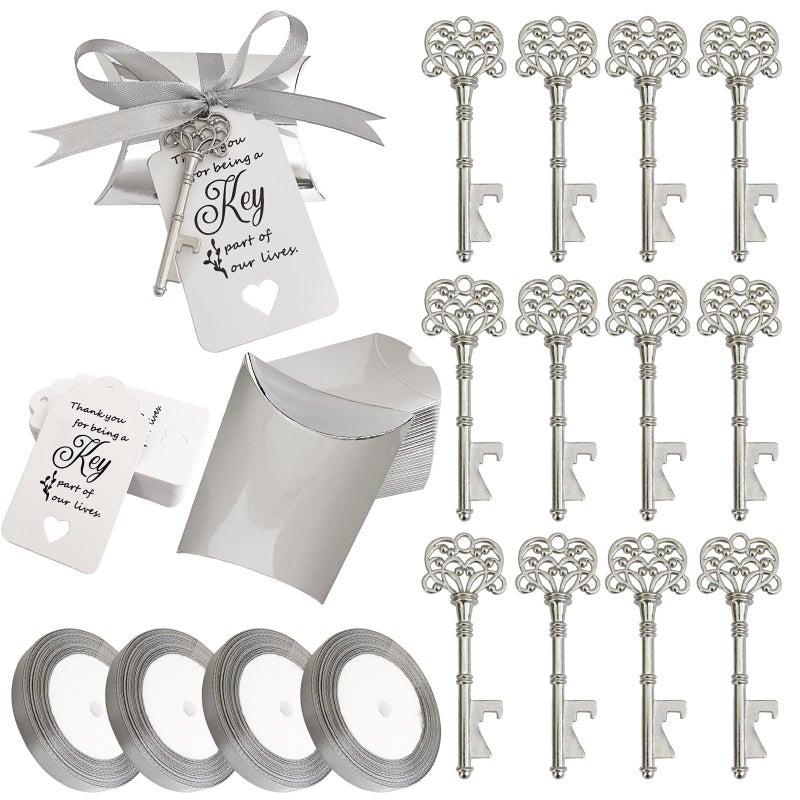 WODEGIFT Wedding Favors Key Bottle Opener, Guest Gifts with Candy Box, Thank You Card and Ribbon (Silver) - Bulk 100 - Image 1